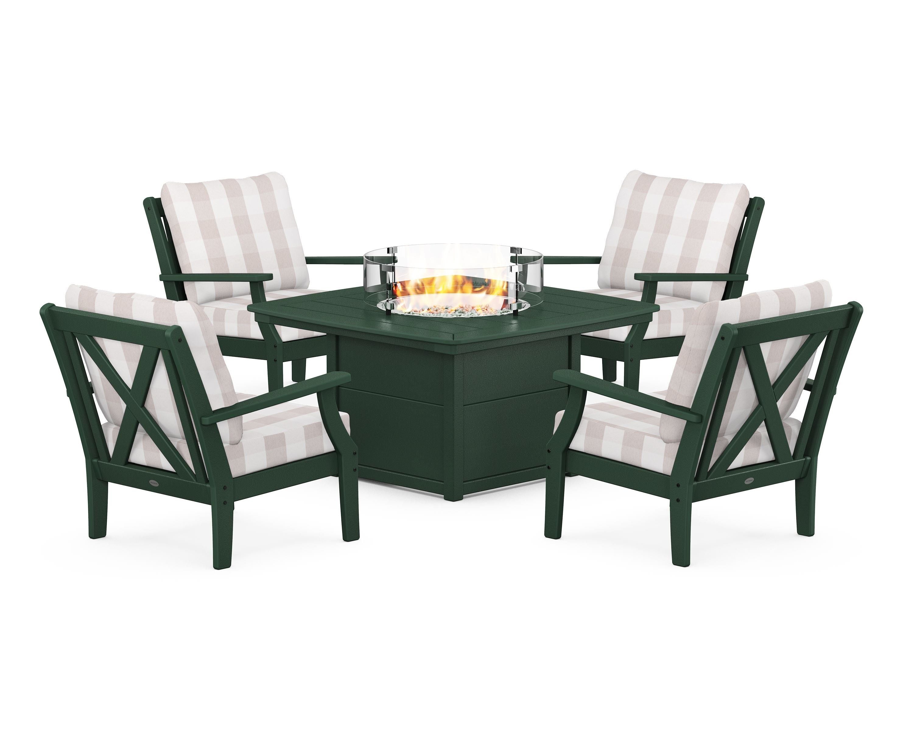 POLYWOOD® Braxton 5-Piece Deep Seating Conversation Set with Fire Pit Table in Green / Buffalo Plaid Dune Burlap