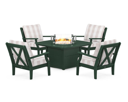 POLYWOOD® Braxton 5-Piece Deep Seating Conversation Set with Fire Pit Table in Green / Buffalo Plaid Dune Burlap