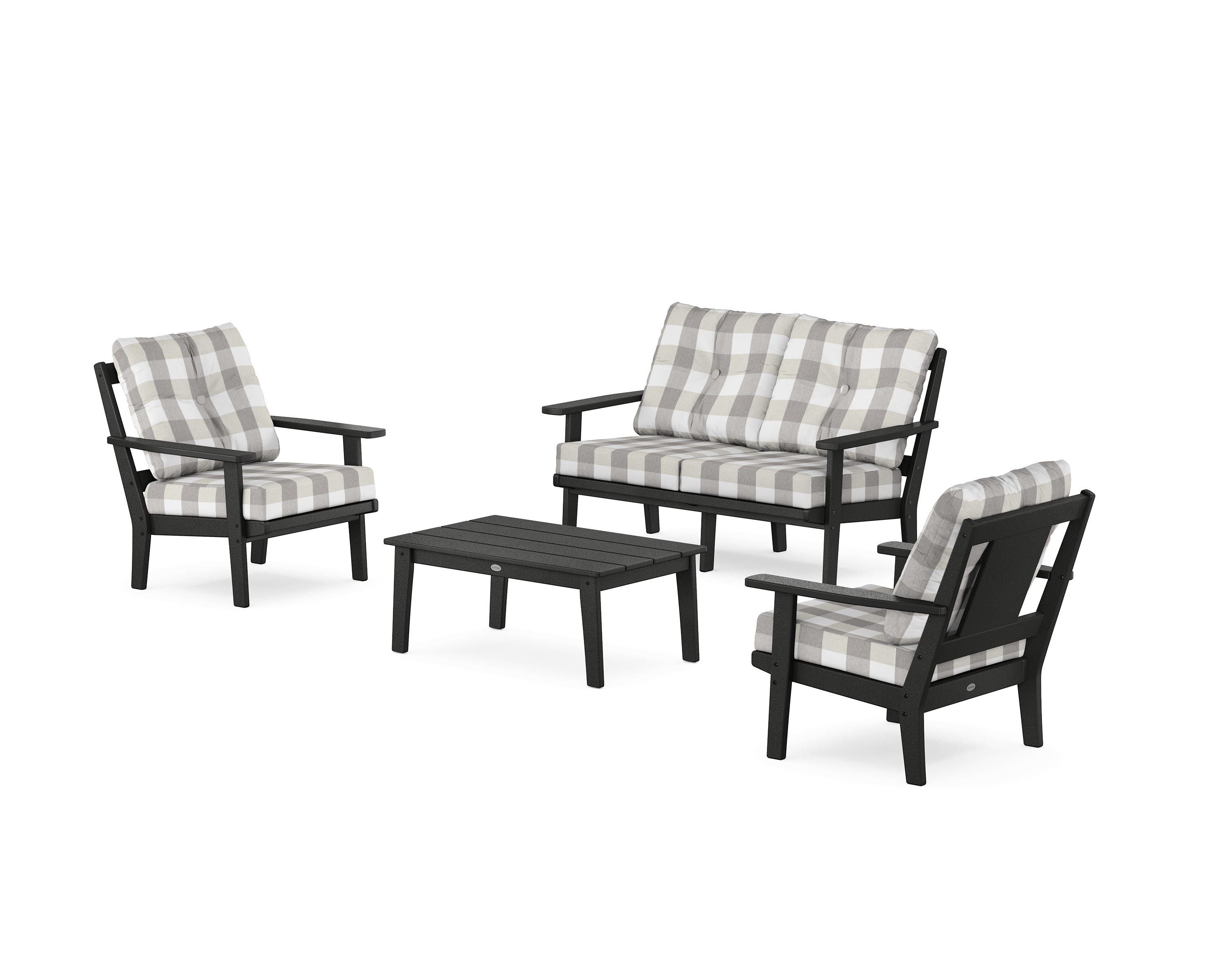 POLYWOOD® Prairie 4-Piece Deep Seating Set with Loveseat in Black / Buffalo Plaid Grey Mist