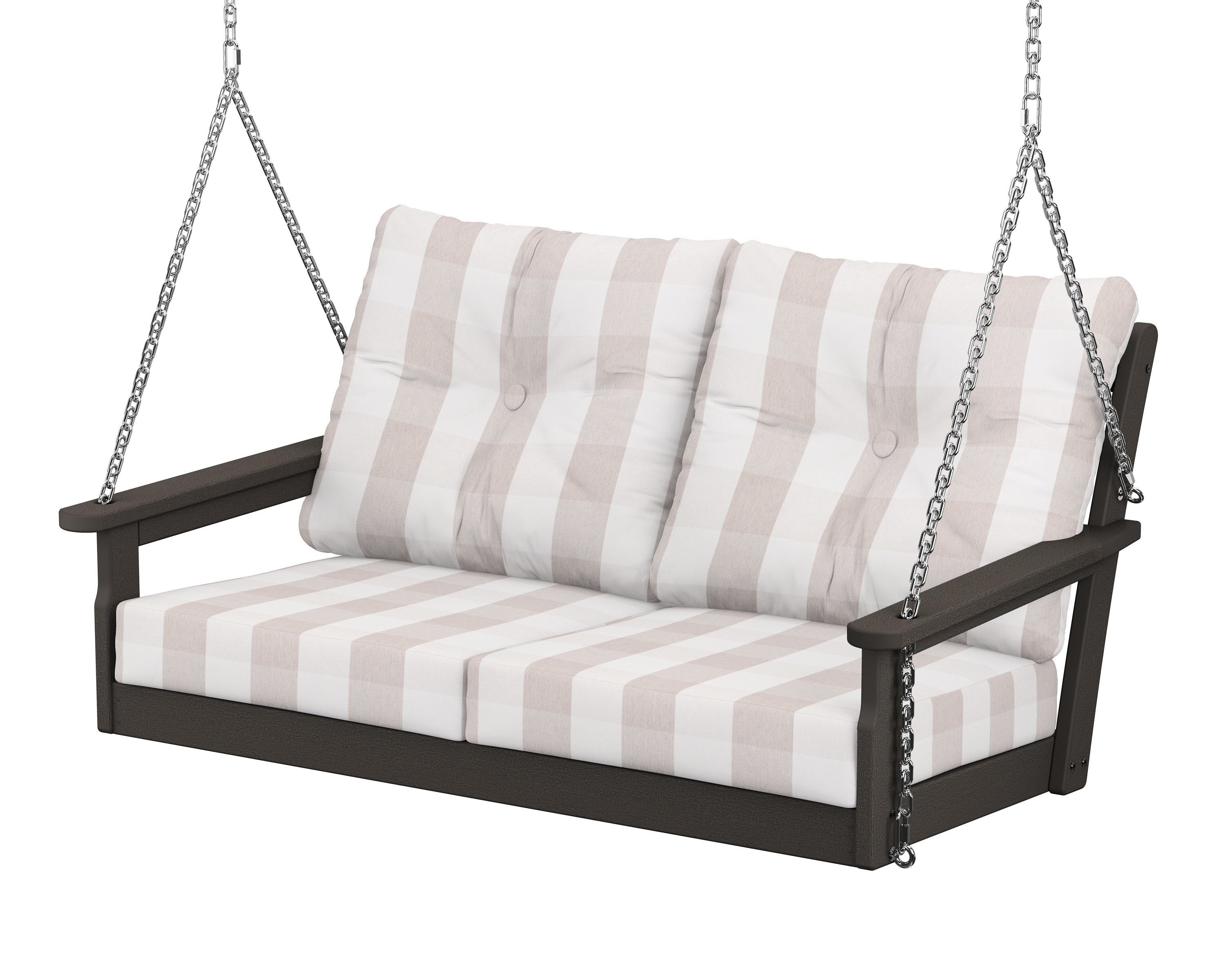 POLYWOOD® Vineyard Deep Seating Swing in Vintage Coffee / Buffalo Plaid Dune Burlap