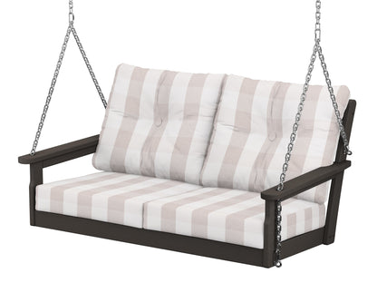 POLYWOOD® Vineyard Deep Seating Swing in Vintage Coffee / Buffalo Plaid Dune Burlap
