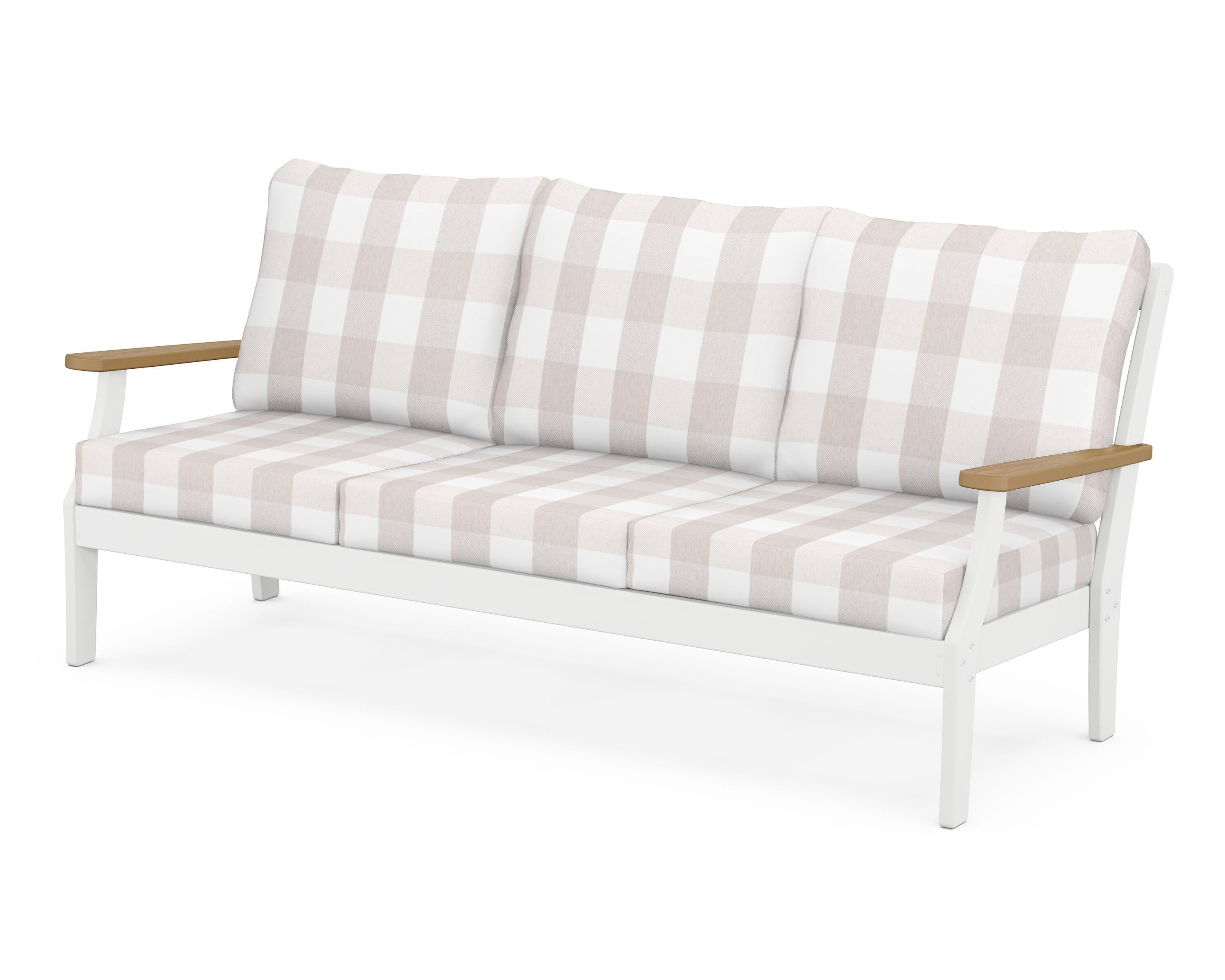POLYWOOD® Braxton Deep Seating Sofa in White / Natural / Buffalo Plaid Dune Burlap