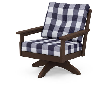 POLYWOOD® Vineyard Deep Seating Swivel Chair in Mahogany / Buffalo Plaid Navy