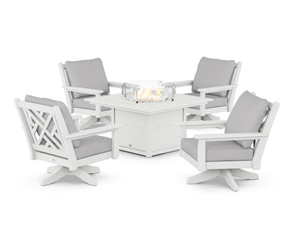POLYWOOD® Chippendale 5-Piece Deep Seating Swivel Conversation Set with Fire Pit Table in White / Granite