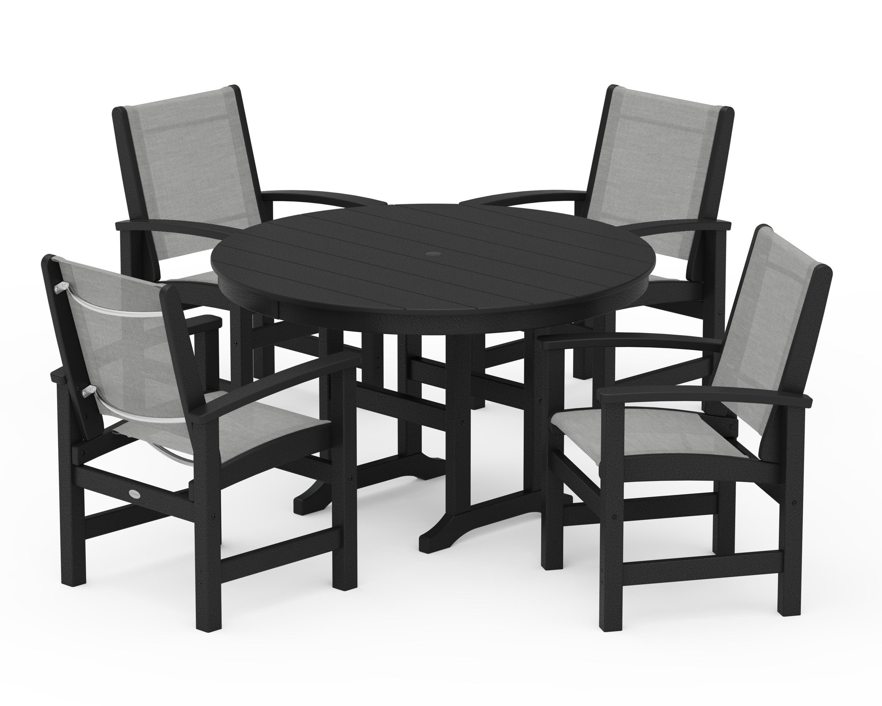 POLYWOOD® Coastal 5-Piece Round Farmhouse Dining Set in Black / Metallic Sling