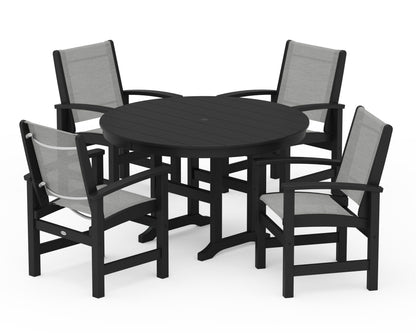 POLYWOOD® Coastal 5-Piece Round Farmhouse Dining Set in Black / Metallic Sling