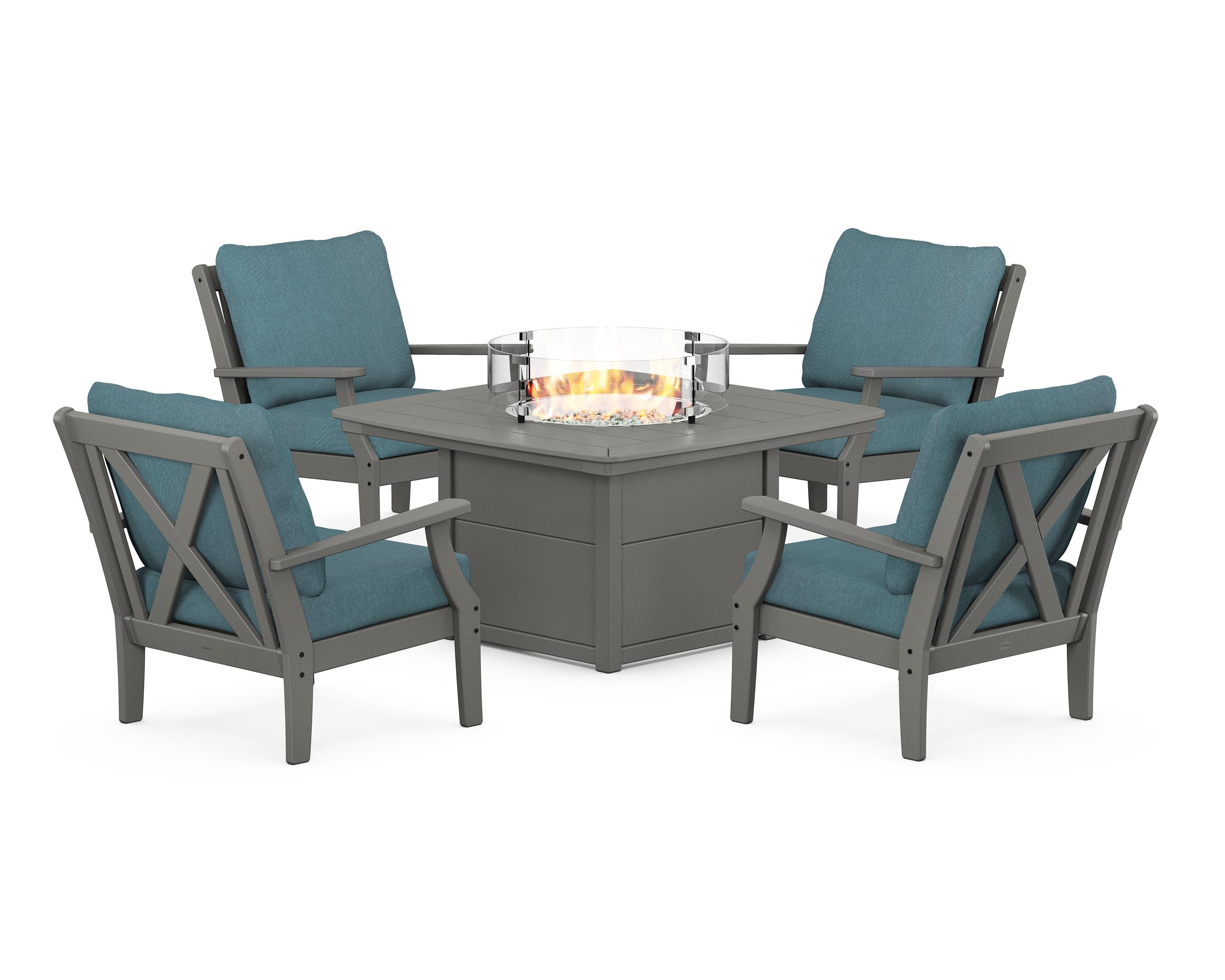 POLYWOOD® Braxton 5-Piece Deep Seating Conversation Set with Fire Pit Table in Slate Grey / Ocean Teal