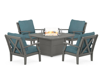 POLYWOOD® Braxton 5-Piece Deep Seating Conversation Set with Fire Pit Table in Slate Grey / Ocean Teal