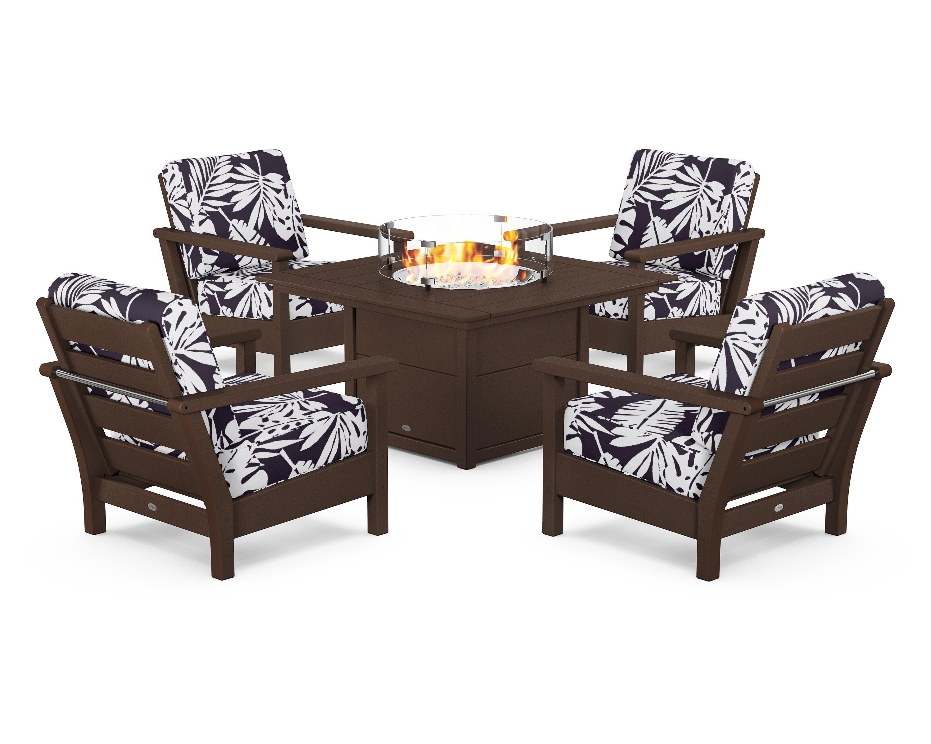 POLYWOOD® Harbour 5-Piece Conversation Set with Fire Pit Table in Mahogany / Leaf Navy