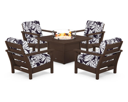POLYWOOD® Harbour 5-Piece Conversation Set with Fire Pit Table in Mahogany / Leaf Navy