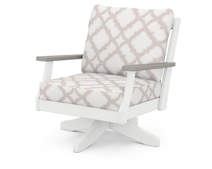 POLYWOOD® Braxton Deep Seating Swivel Chair in White / Driftwood / Trellis Dune Burlap