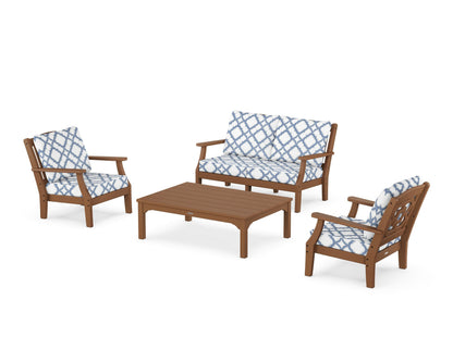 Martha Stewart by POLYWOOD® Chinoiserie 4-Piece Deep Seating Set with Loveseat in Teak / Trellis Sky Blue