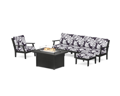 POLYWOOD® Braxton Sectional Lounge and Fire Pit Set in Black / Leaf Navy