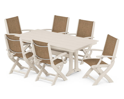 POLYWOOD® Coastal Folding Arm Chair 7-Piece Farmhouse Dining Set with Trestle Legs in Sand / Burlap Sling