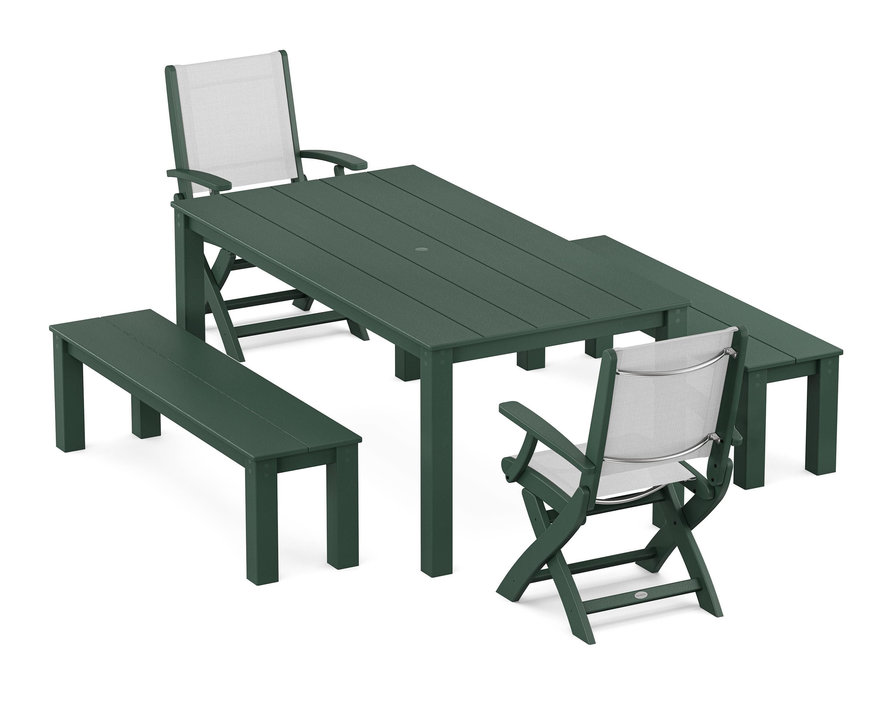 POLYWOOD® Coastal Folding Chair 5-Piece Parsons Dining Set with Benches in Green / White Sling