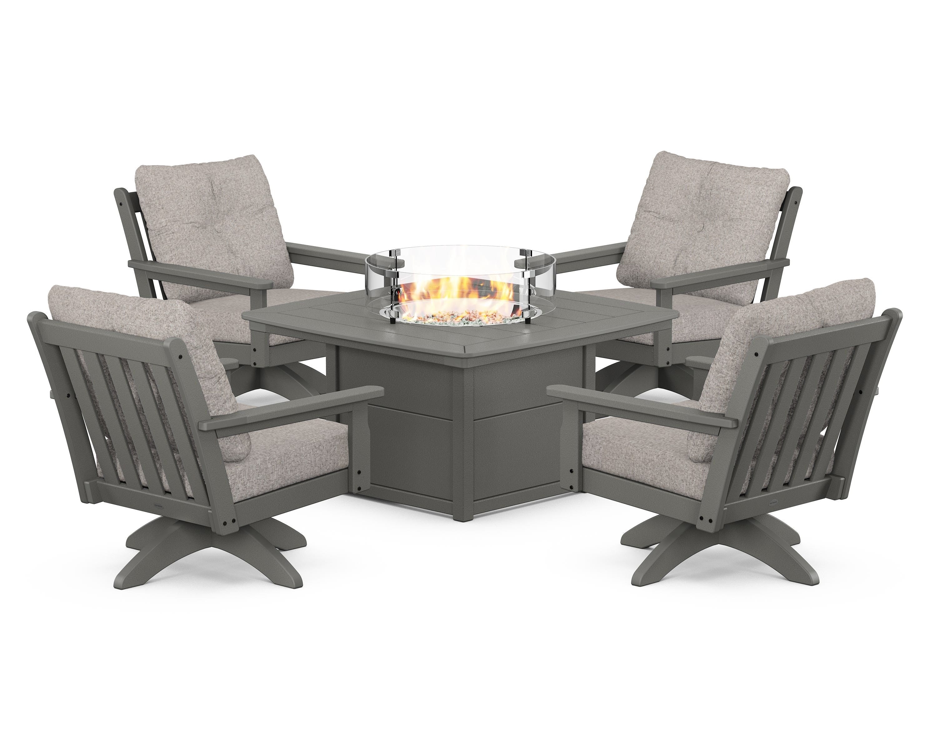 POLYWOOD® Vineyard 5-Piece Deep Seating Swivel Conversation Set with Fire Pit Table in Slate Grey / Weathered Tweed