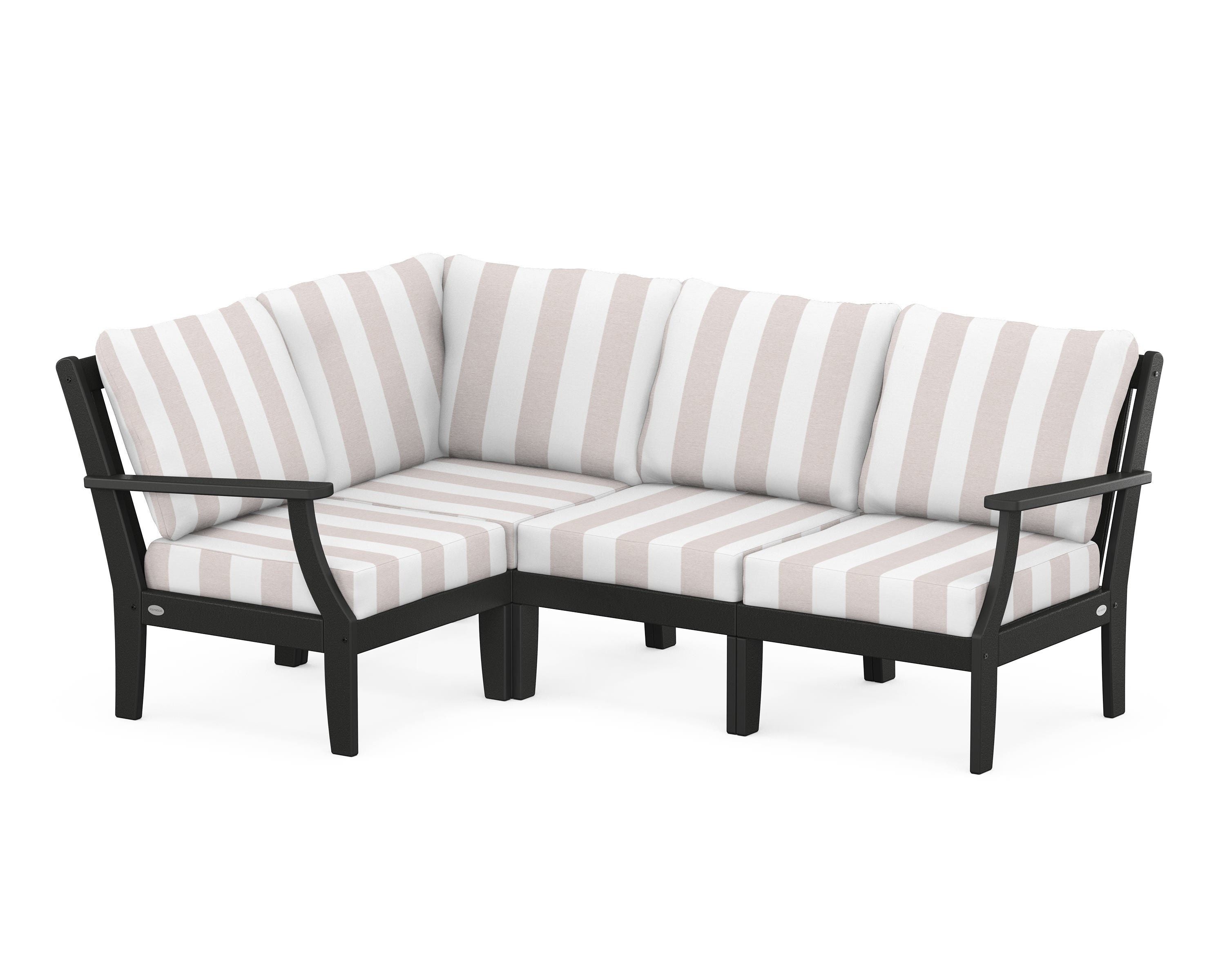 POLYWOOD® Braxton Modular 4-Piece Deep Seating Set in Black / Cabana Stripe Dune Burlap