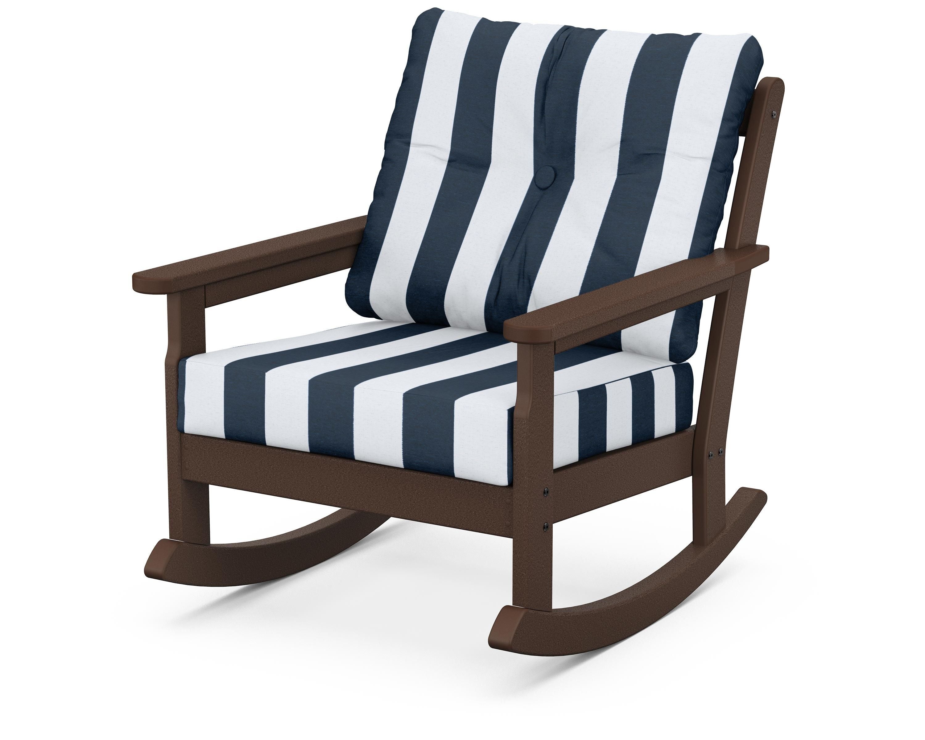 POLYWOOD® Vineyard Deep Seating Rocking Chair in Mahogany / Cabana Stripe Marine Indigo