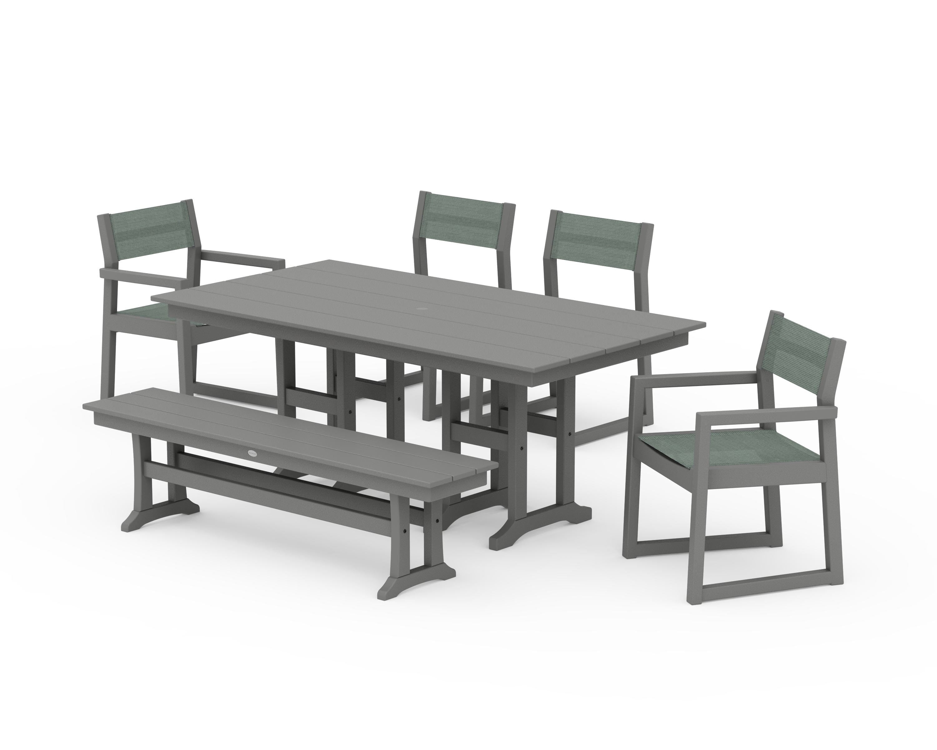 POLYWOOD® EDGE Sling 6-Piece Farmhouse Dining Set in Slate Grey / Dupioni Sea Mist Sling