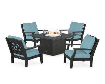 Martha Stewart by POLYWOOD® Chinoiserie 5-Piece Deep Seating Set with Fire Pit Table in Black / Lattice Sky Blue