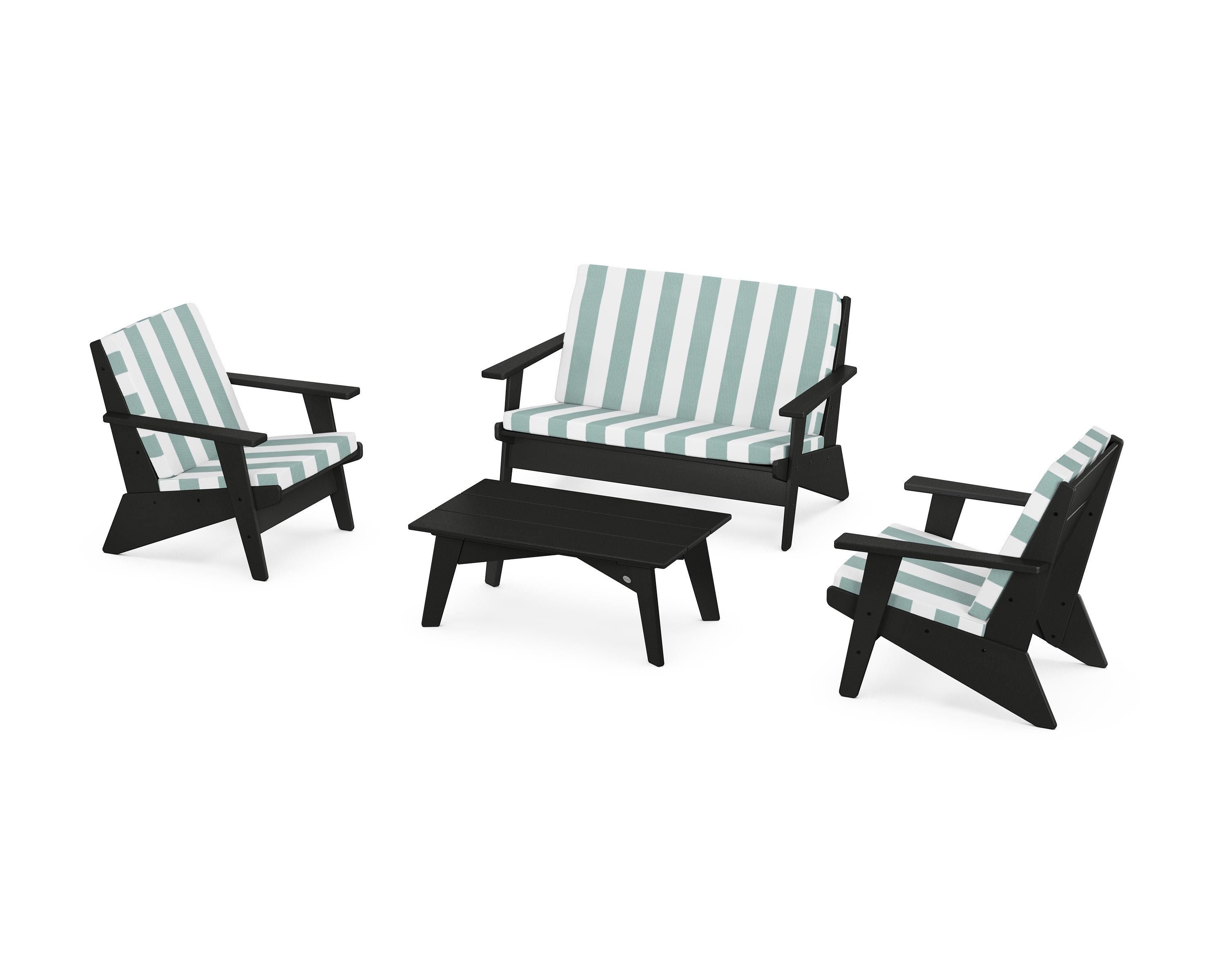 POLYWOOD® Riviera Modern Lounge 4-Piece Set in Black / Cabana Stripe Glacier Spa