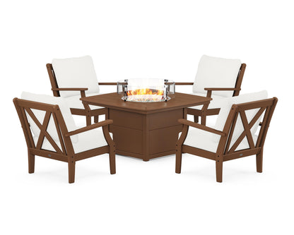POLYWOOD® Braxton 5-Piece Deep Seating Conversation Set with Fire Pit Table in Teak / Natural Linen