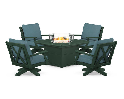 POLYWOOD® Braxton 5-Piece Deep Seating Swivel Conversation Set with Fire Pit Table in Green / Ocean Teal