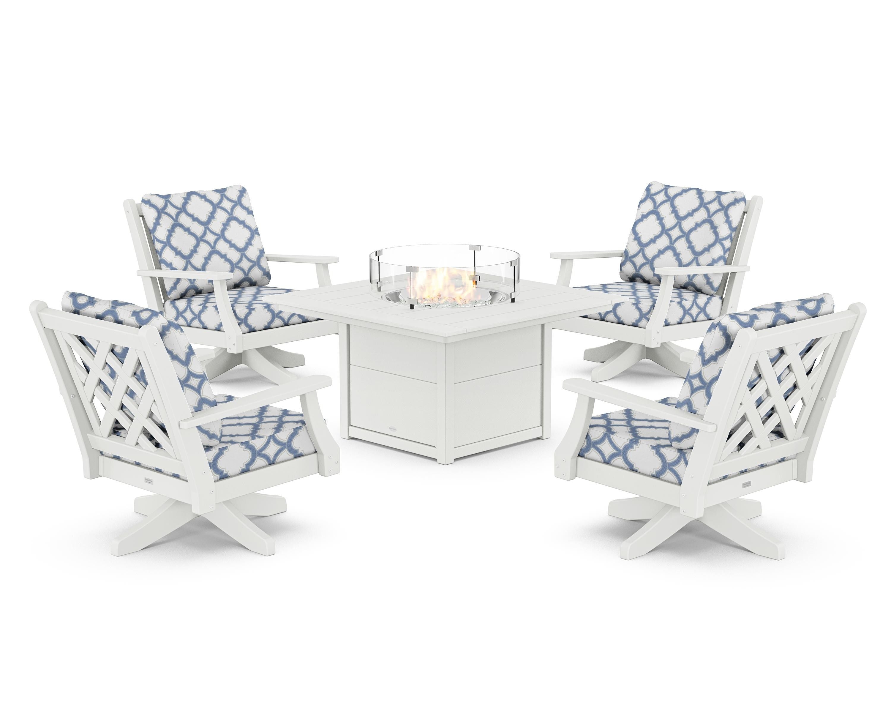 Country Living Wovendale 5-Piece Deep Seating Swivel Conversation Set with Fire Pit Table in White / Trellis Sky Blue
