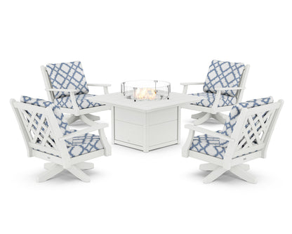 Country Living Wovendale 5-Piece Deep Seating Swivel Conversation Set with Fire Pit Table in White / Trellis Sky Blue