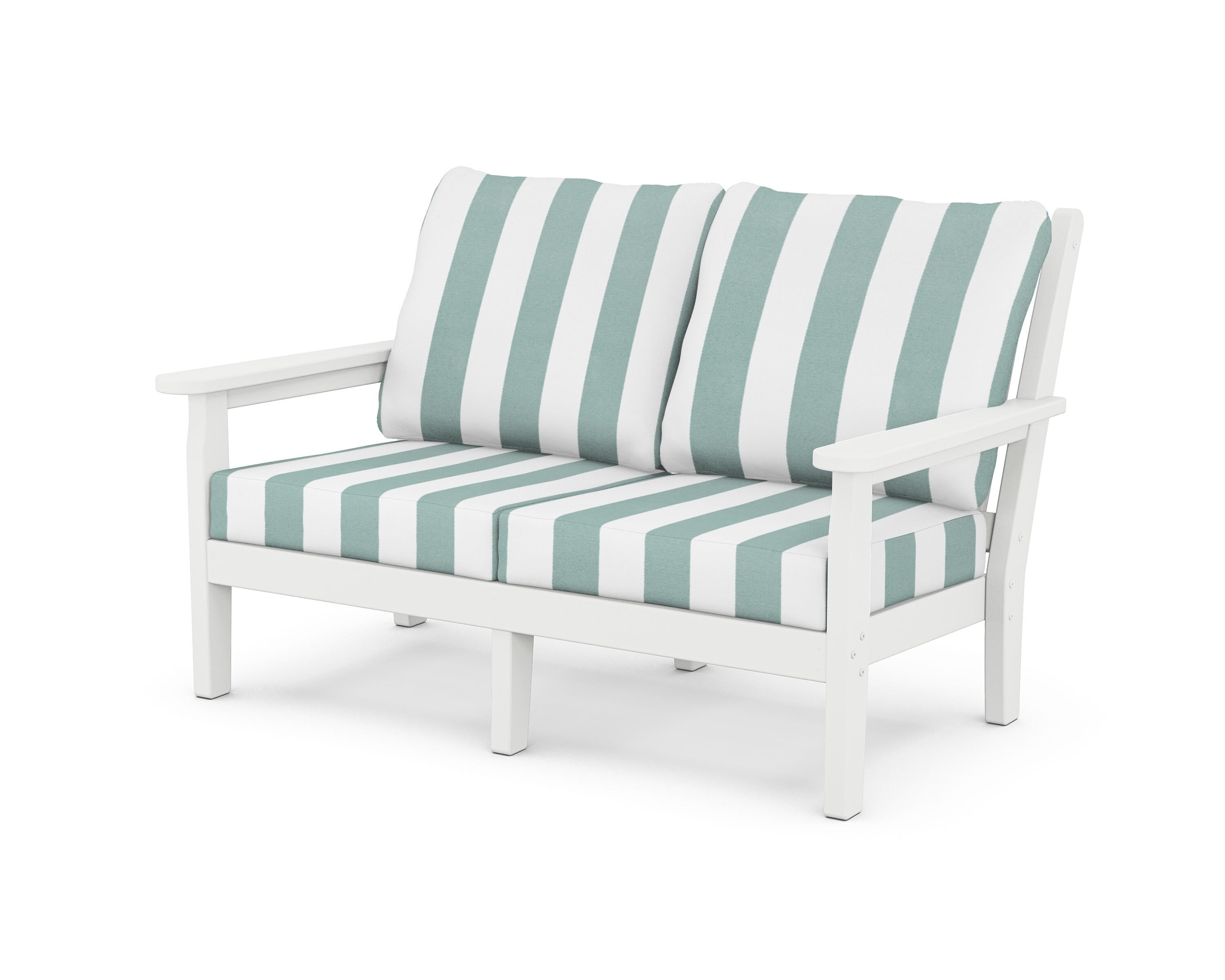 POLYWOOD® Chippendale Deep Seating Loveseat in White / Cabana Stripe Glacier Spa