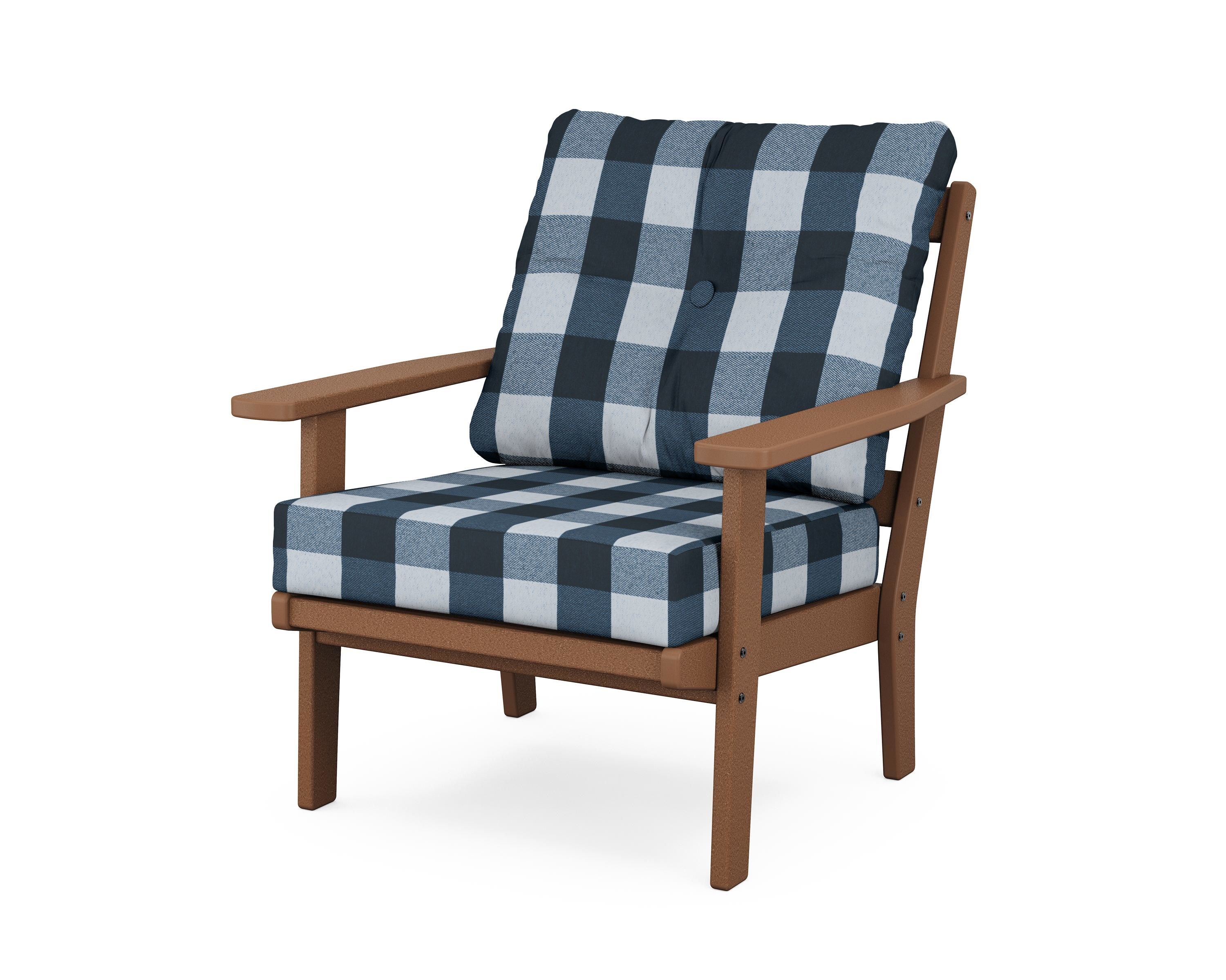 POLYWOOD® Oxford Deep Seating Chair in Teak / Buffalo Plaid Marine Indigo