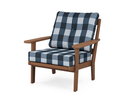 POLYWOOD® Oxford Deep Seating Chair in Teak / Buffalo Plaid Marine Indigo