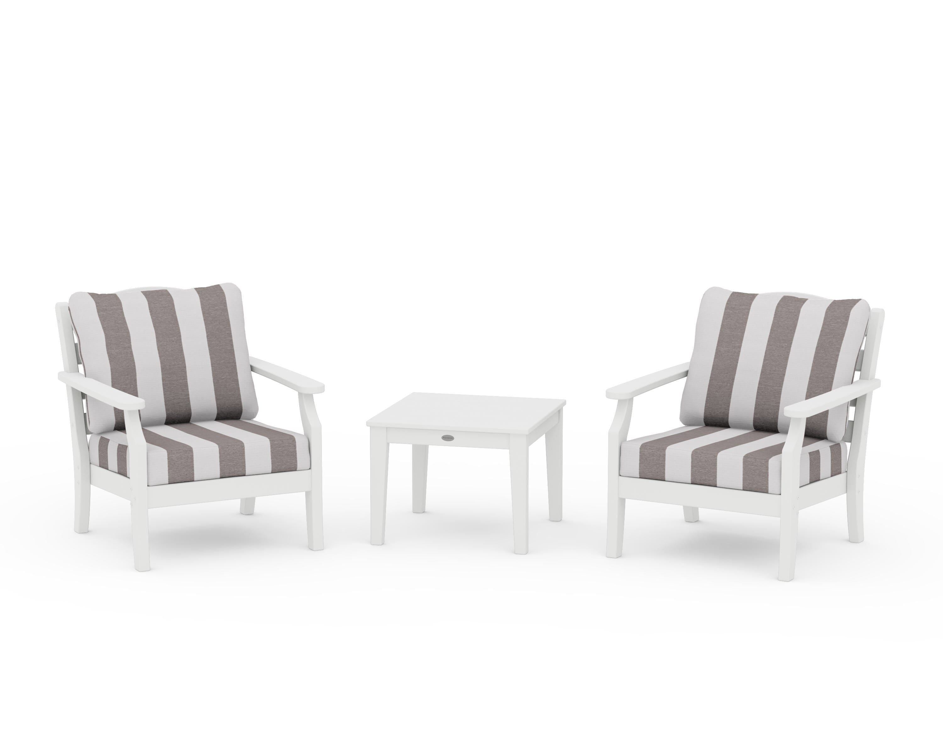 Draper James™ by  POLYWOOD® Savannah 3-Piece Deep Seating Set in White / Cabana Stripe Grey Mist