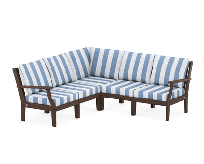 POLYWOOD® Braxton Modular 5-Piece Deep Seating Set in Mahogany / Cabana Stripe Sky Blue