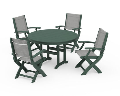 POLYWOOD® Coastal Folding Chair 5-Piece Round Dining Set in Green / Metallic Sling