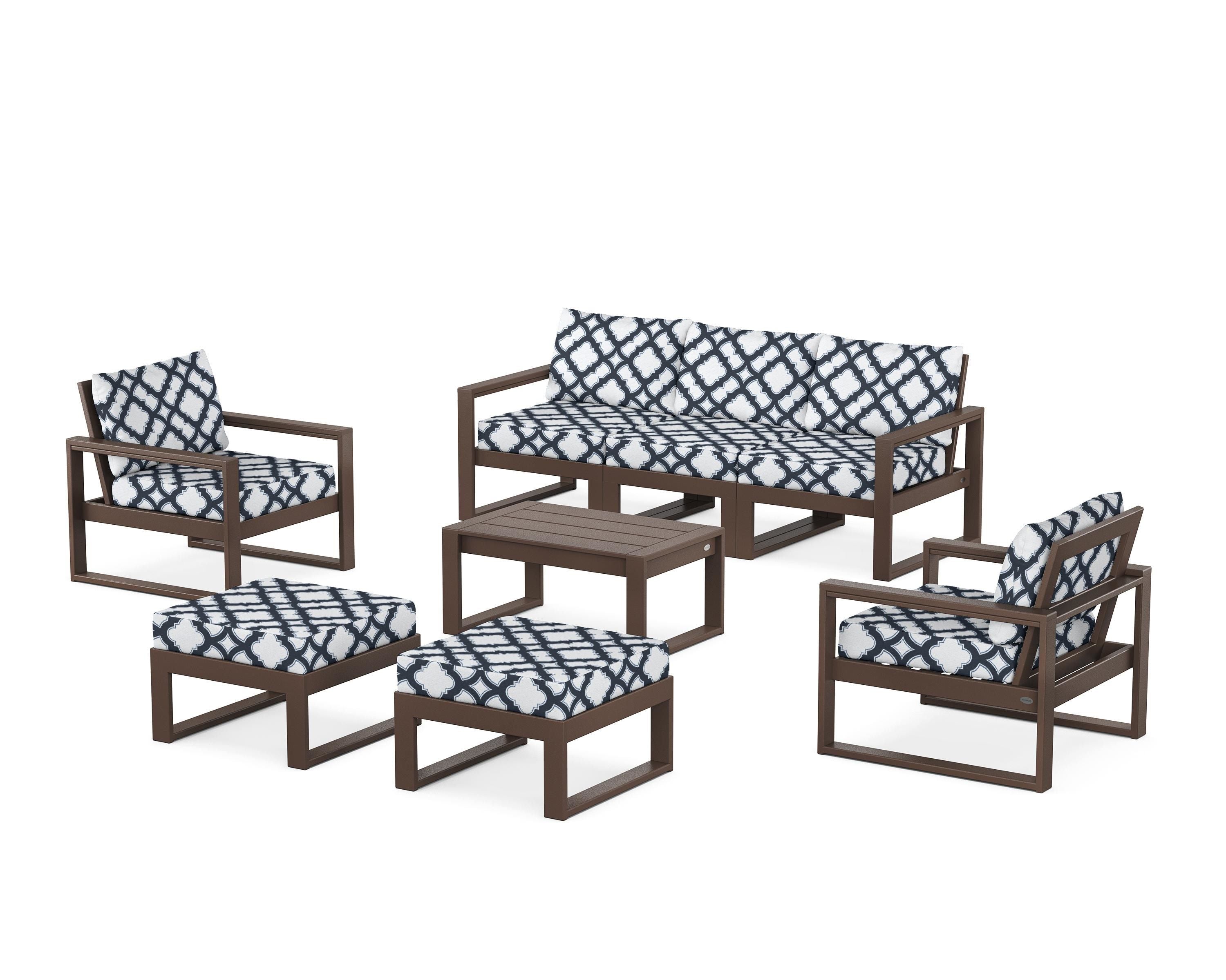 POLYWOOD® EDGE Sectional 8-Piece Lounge Sofa Set in Mahogany / Trellis Marine Indigo