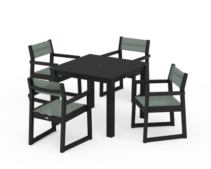 POLYWOOD® EDGE Sling Arm Chair 5-Piece Parsons Dining Set in Black / Dupioni Sea Mist Sling