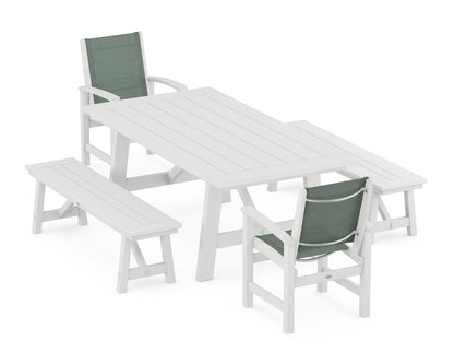 POLYWOOD® Coastal 5-Piece Rustic Farmhouse Dining Set With Benches in White / Dupioni Sea Mist Sling