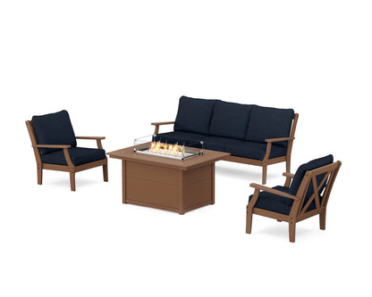POLYWOOD® Braxton Deep Seating Fire Pit Table Set in Teak / Marine Indigo