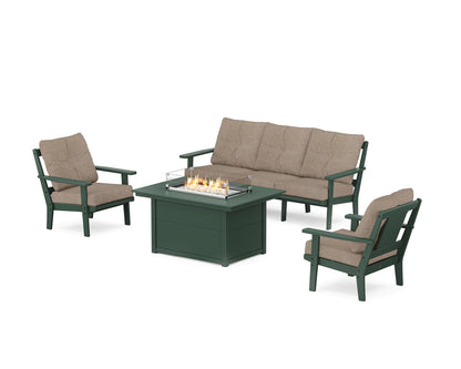 POLYWOOD® Prairie Deep Seating Fire Pit Table Set in Green / Spiced Burlap