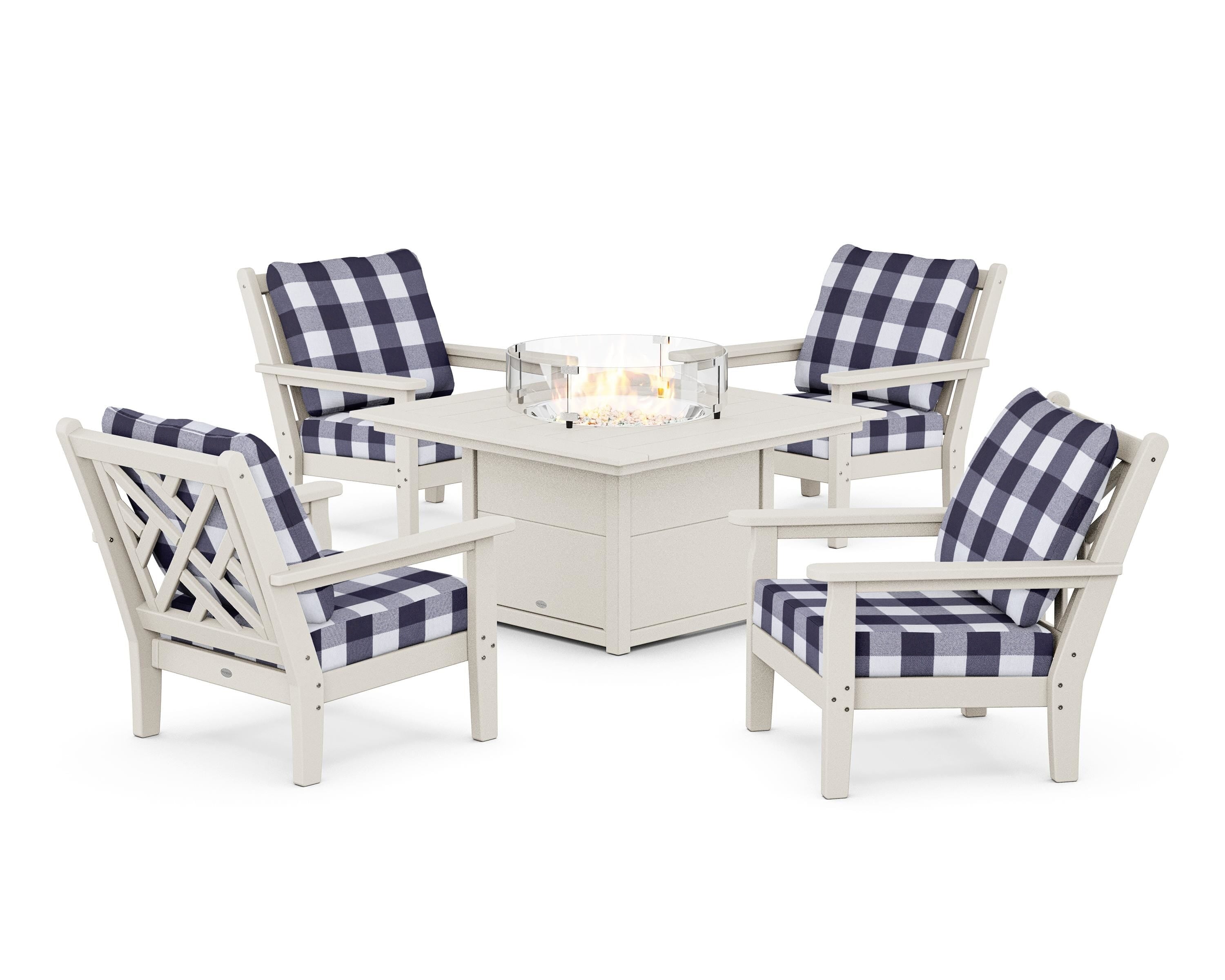 POLYWOOD® Chippendale 5-Piece Deep Seating Set with Fire Pit Table in Sand / Buffalo Plaid Navy