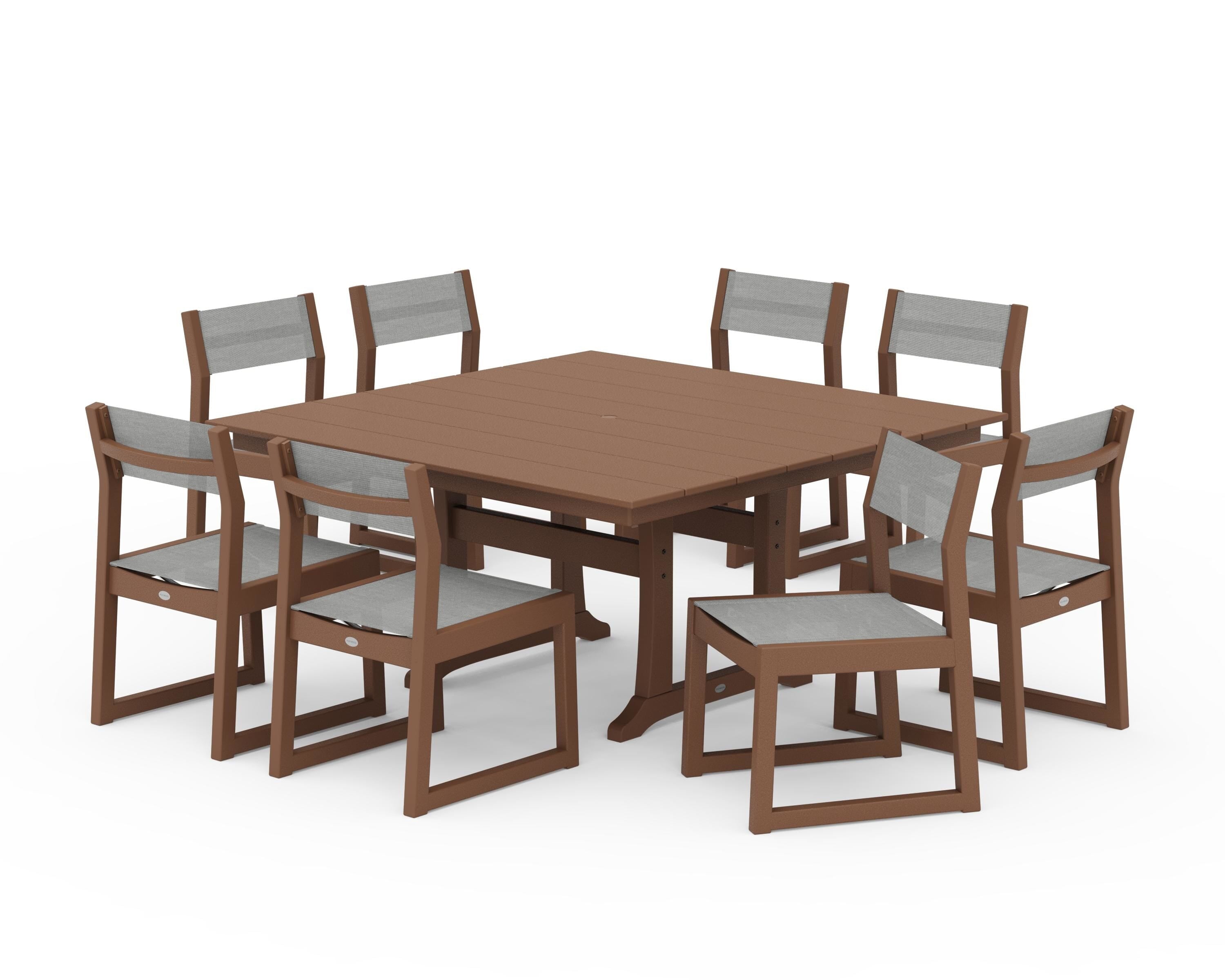 POLYWOOD® EDGE Sling Side Chair 9-Piece Farmhouse Trestle Dining Set in Teak / Metallic Sling