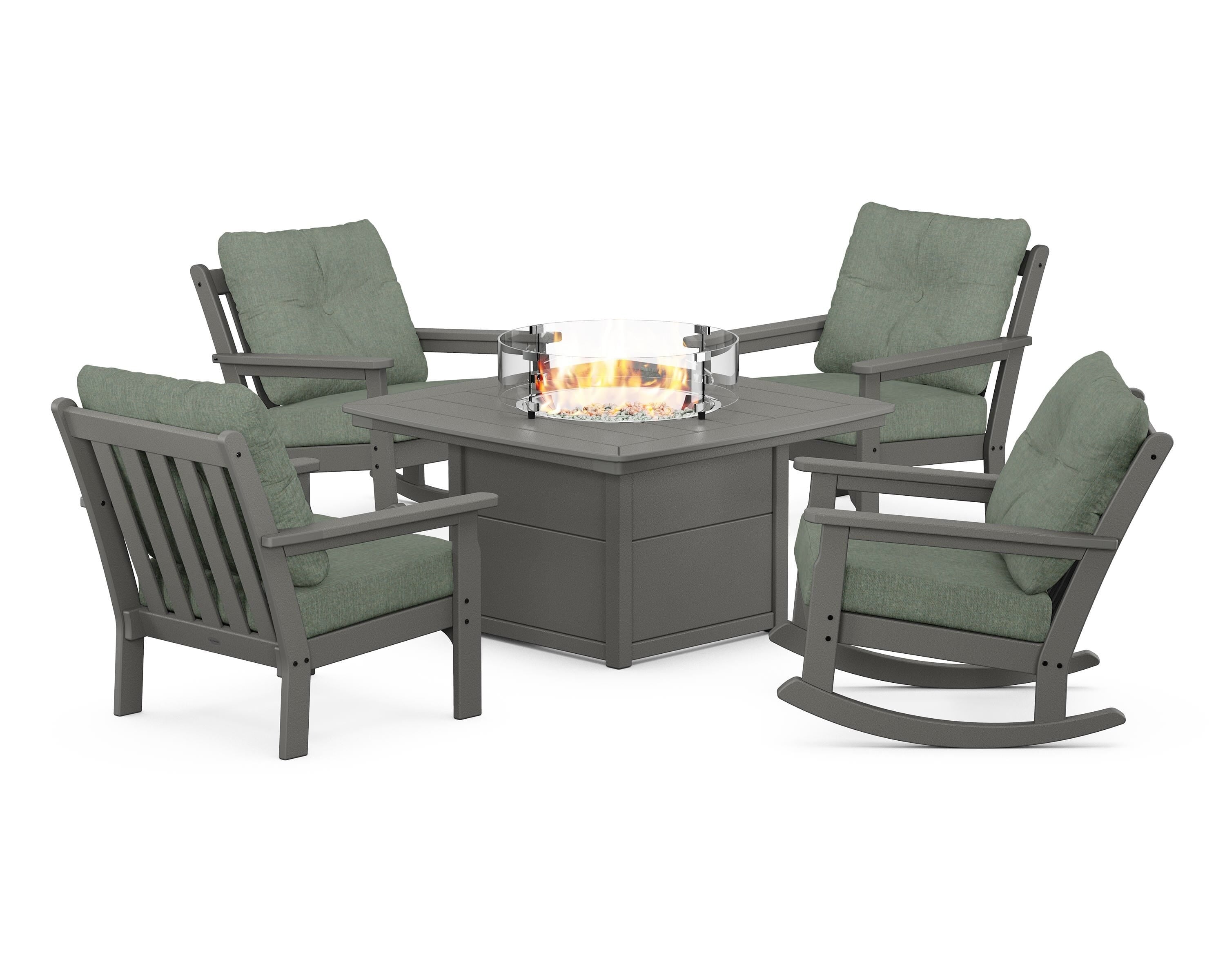 POLYWOOD® Vineyard 5-Piece Deep Seating Rocking Chair Conversation Set with Fire Pit Table in Slate Grey / Cast Sage