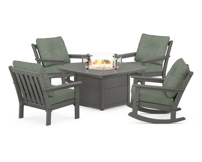 POLYWOOD® Vineyard 5-Piece Deep Seating Rocking Chair Conversation Set with Fire Pit Table in Slate Grey / Cast Sage