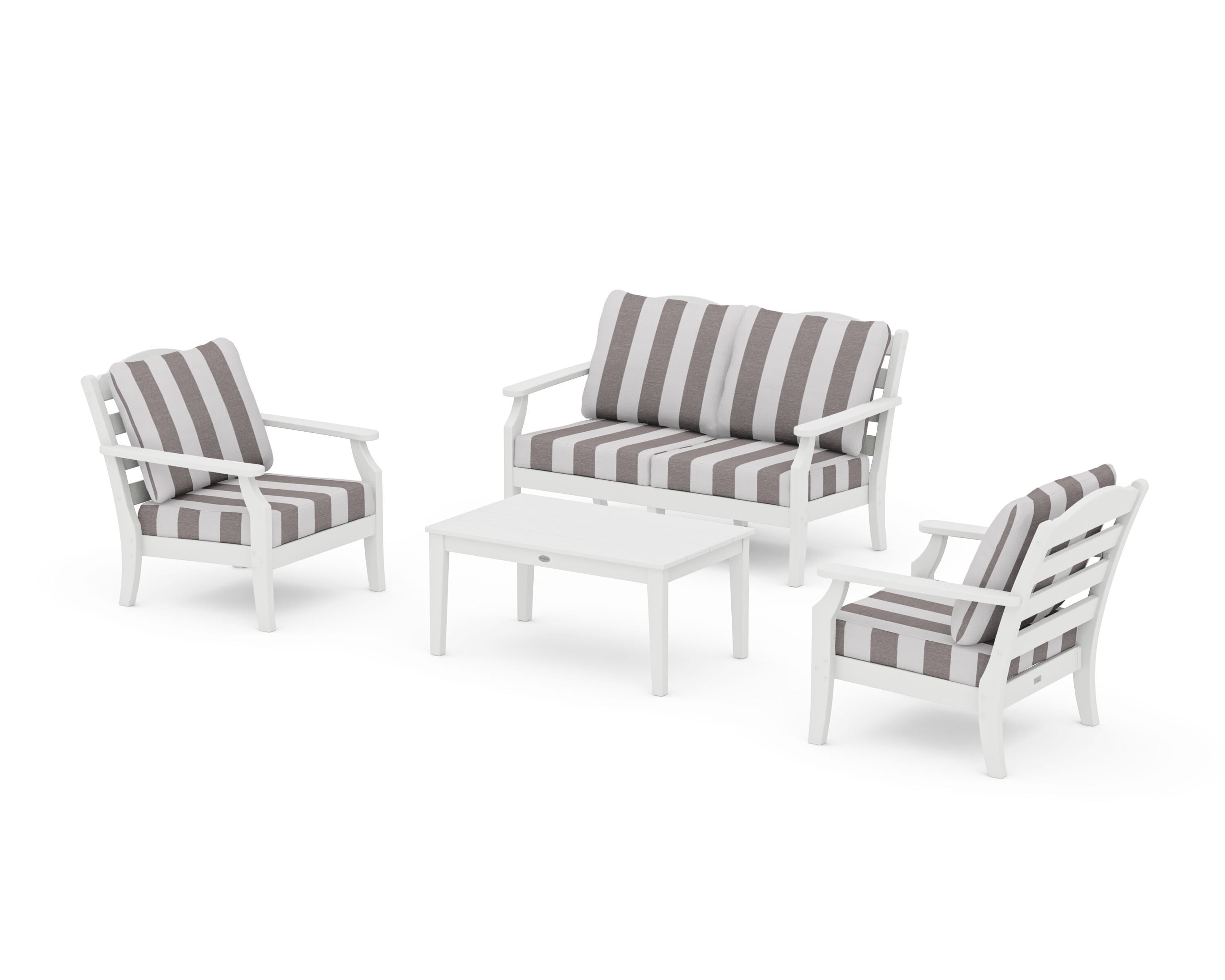 Draper James™ by  POLYWOOD® Savannah 4-Piece Deep Seating Set with Loveseat in White / Cabana Stripe Grey Mist