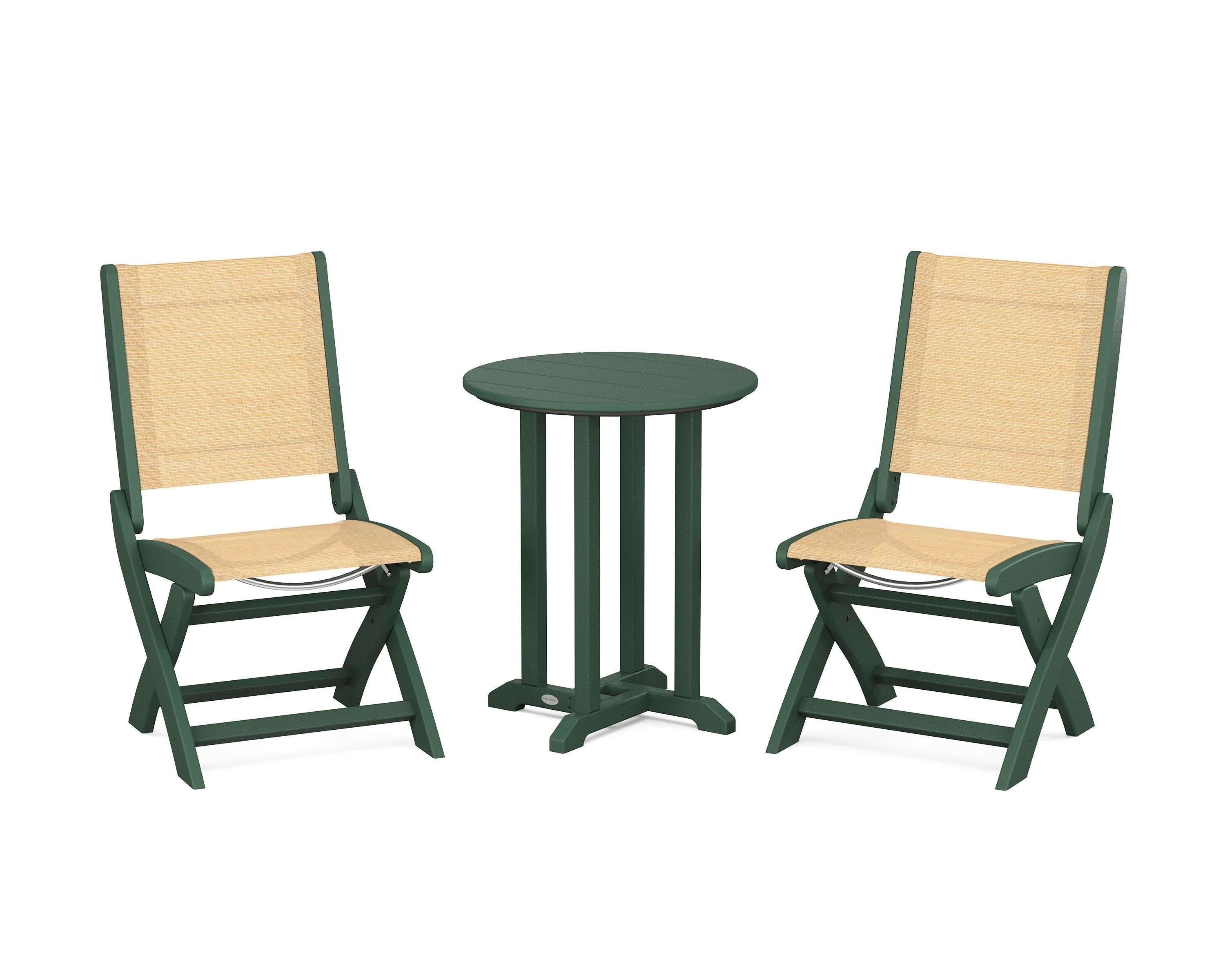 POLYWOOD® Coastal Folding Side Chair 3-Piece Round Bistro Dining Set in Green / Dupioni Apricot Sling