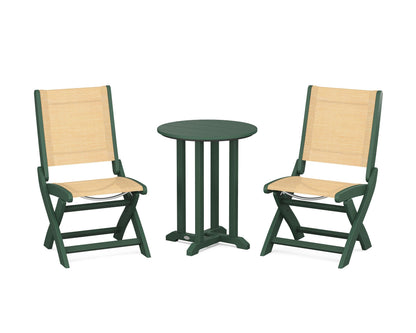 POLYWOOD® Coastal Folding Side Chair 3-Piece Round Bistro Dining Set in Green / Dupioni Apricot Sling