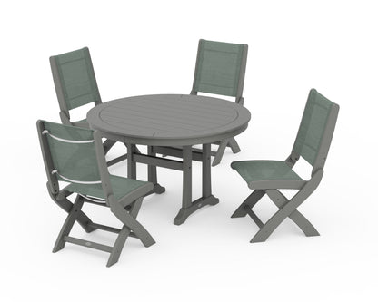 POLYWOOD® Coastal Folding Side Chair 5-Piece Round Dining Set With Trestle Legs in Slate Grey / Dupioni Sea Mist Sling