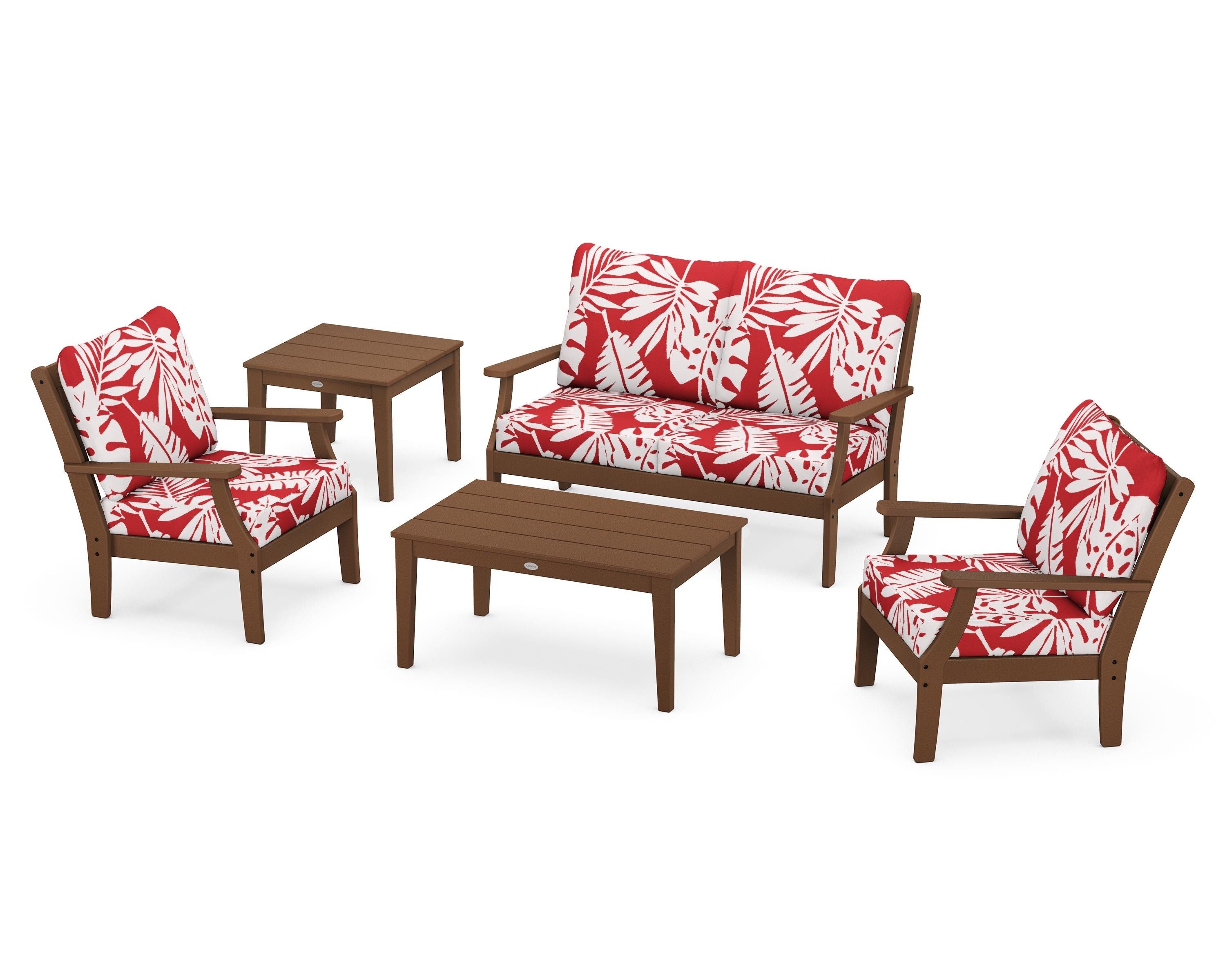 POLYWOOD® Braxton 5-Piece Deep Seating Set in Teak / Leaf Crimson