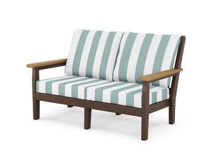 POLYWOOD® Chippendale Deep Seating Loveseat in Mahogany / Natural / Cabana Stripe Glacier Spa